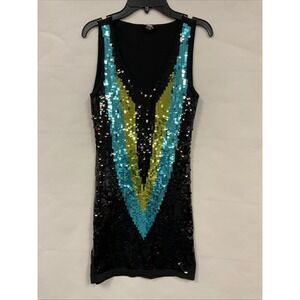 POOF COUTURE SEQUIN GLITTER SLEEVELESS DRESS SIZE Small, BLACK WITH MULTI Color